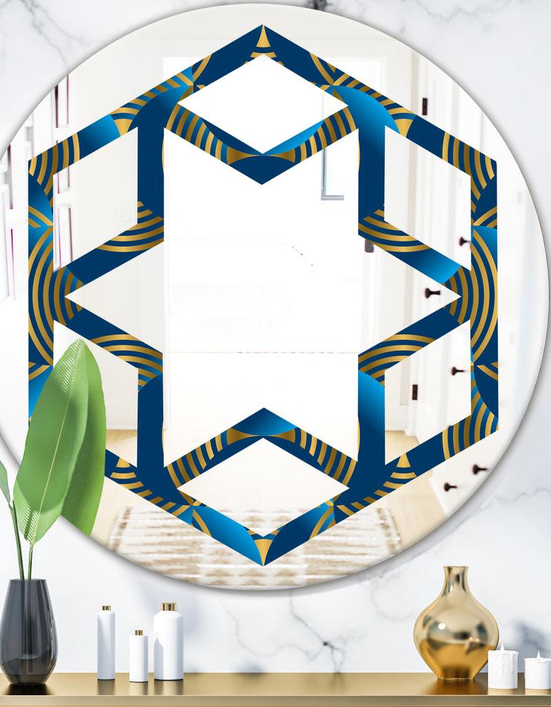 DesignQ Geometric abstract waves in gold and marine blue - Modern Round or Oval Wall Mirror - Hexagon Star