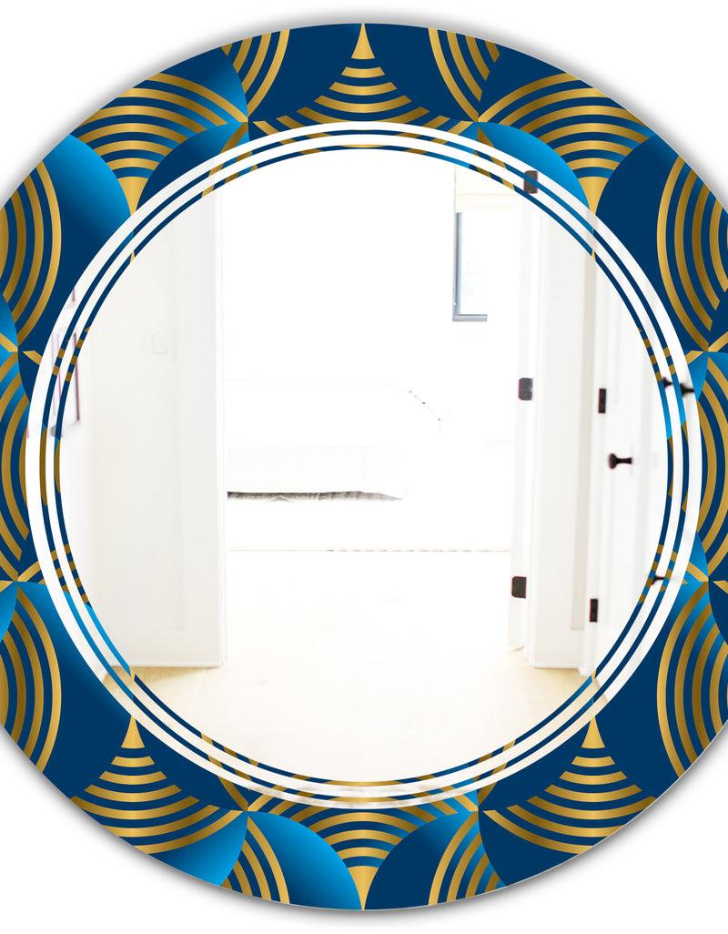 DesignQ Geometric Abstract Waves In Gold And Marine Blue - Modern Round Or Oval Wall Mirror - Triple C