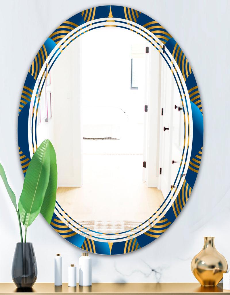 DesignQ Geometric Abstract Waves In Gold And Marine Blue - Modern Round Or Oval Wall Mirror - Triple C