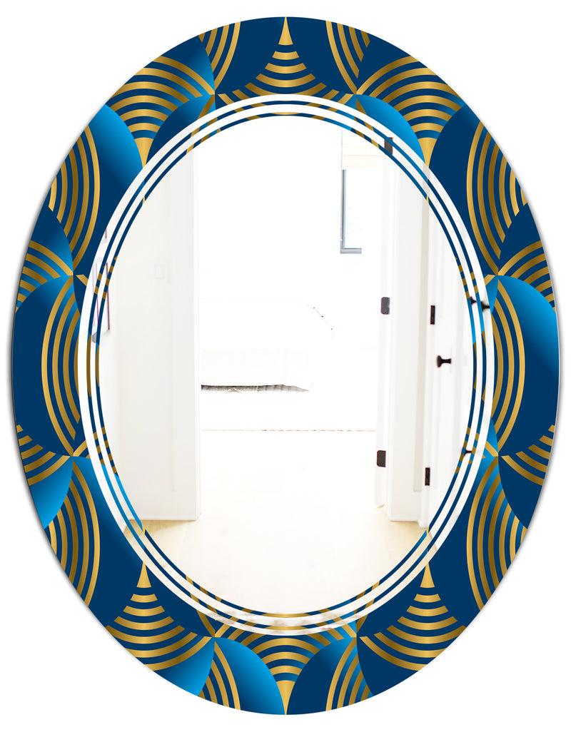 DesignQ Geometric Abstract Waves In Gold And Marine Blue - Modern Round Or Oval Wall Mirror - Triple C