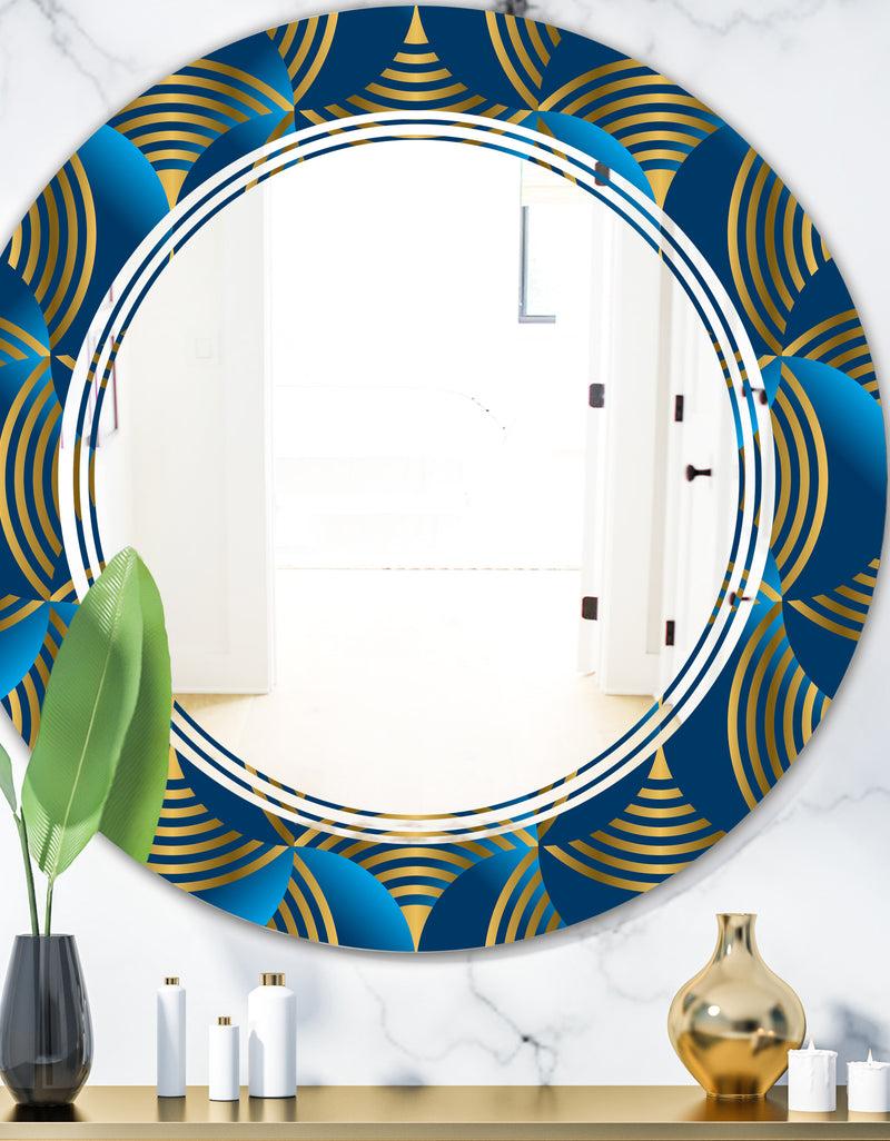 DesignQ Geometric abstract waves in gold and marine blue - Modern Round or Oval Wall Mirror - Triple C