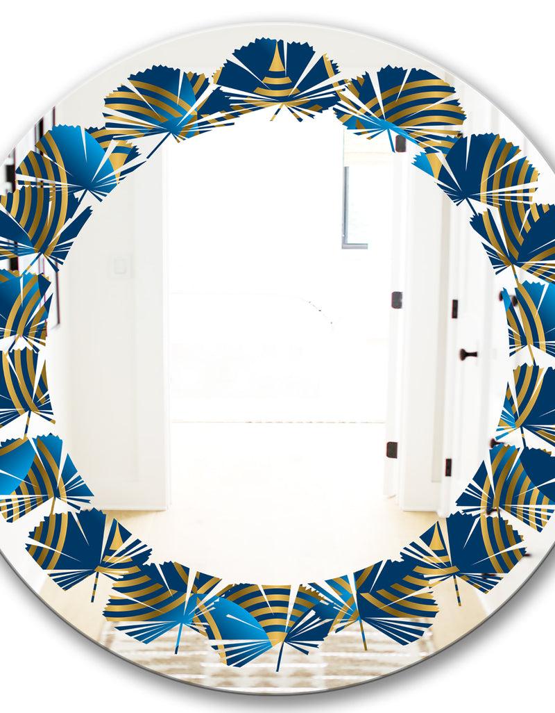 DesignQ Geometric Abstract Waves In Gold And Marine Blue - Modern Round Or Oval Wall Mirror - Leaves