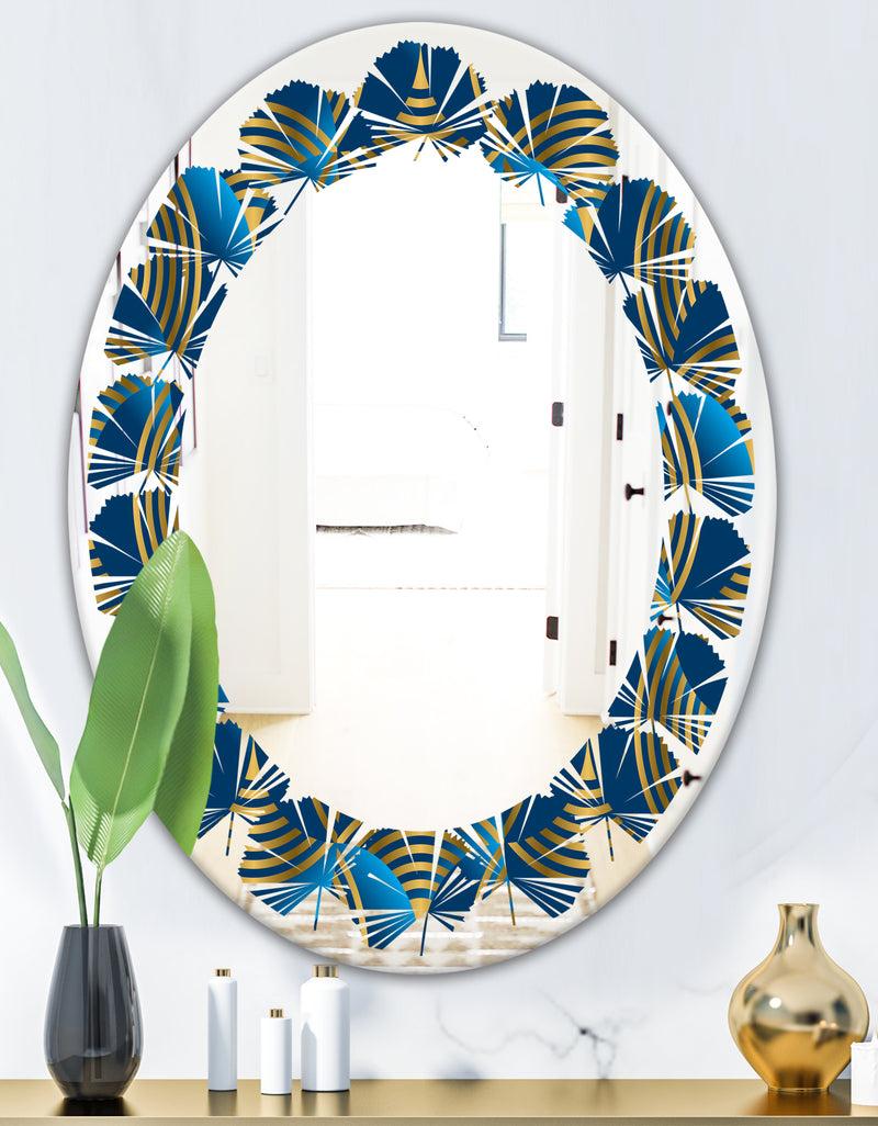 DesignQ Geometric Abstract Waves In Gold And Marine Blue - Modern Round Or Oval Wall Mirror - Leaves