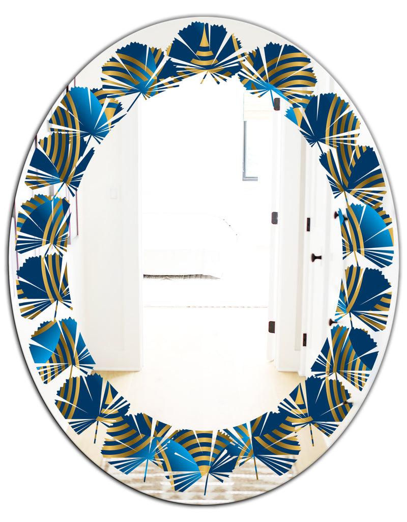 DesignQ Geometric Abstract Waves In Gold And Marine Blue - Modern Round Or Oval Wall Mirror - Leaves