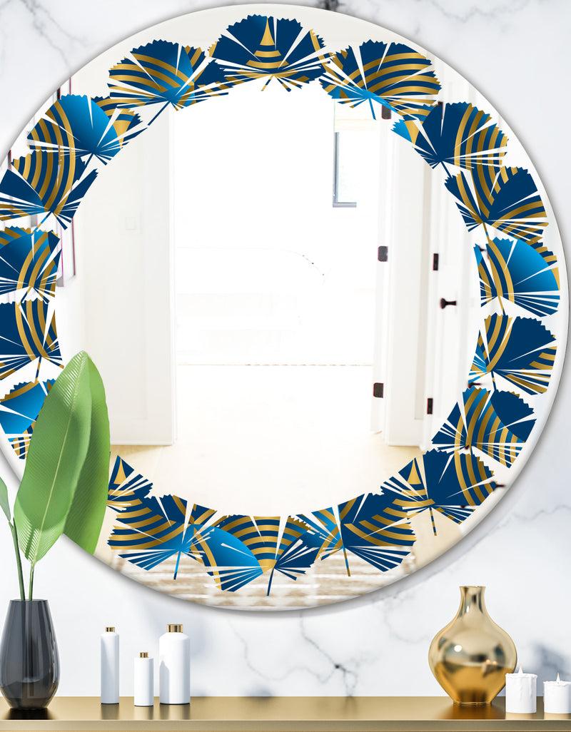 DesignQ Geometric abstract waves in gold and marine blue - Modern Round or Oval Wall Mirror - Leaves