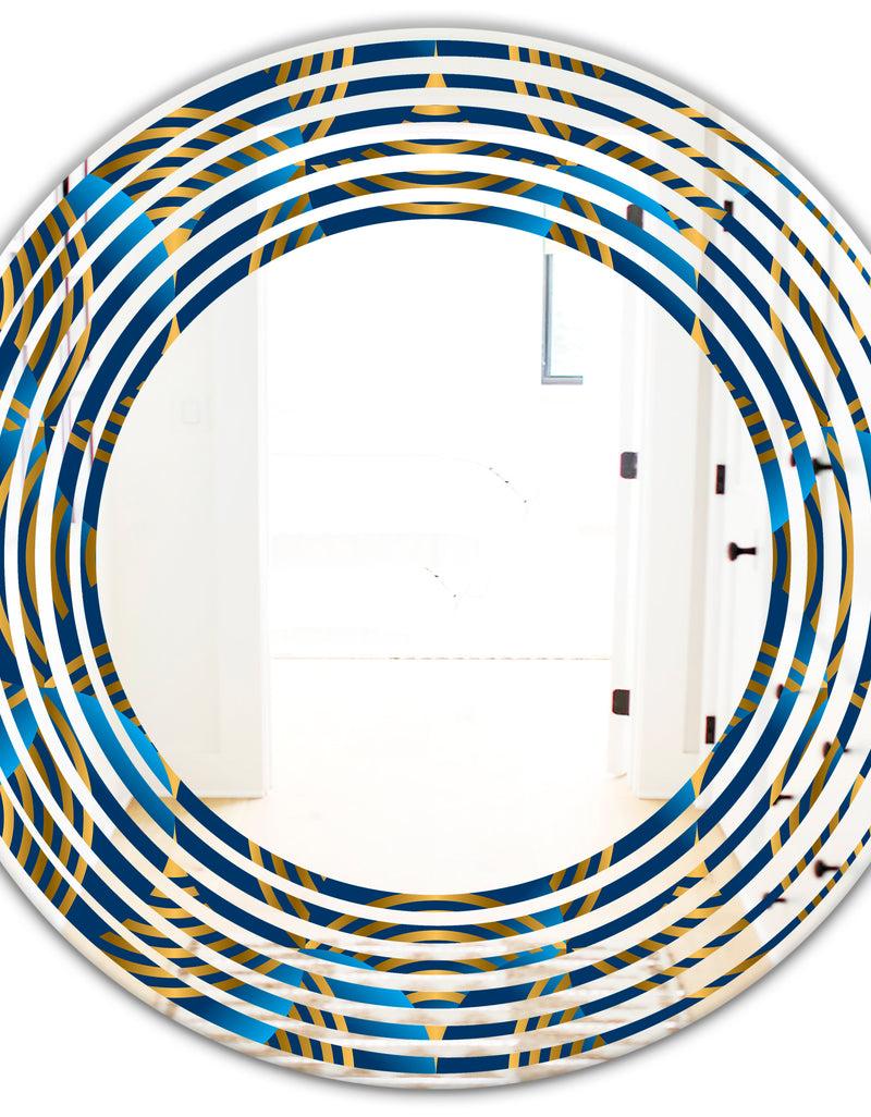 DesignQ Geometric Abstract Waves In Gold And Marine Blue - Modern Round Or Oval Wall Mirror - Wave