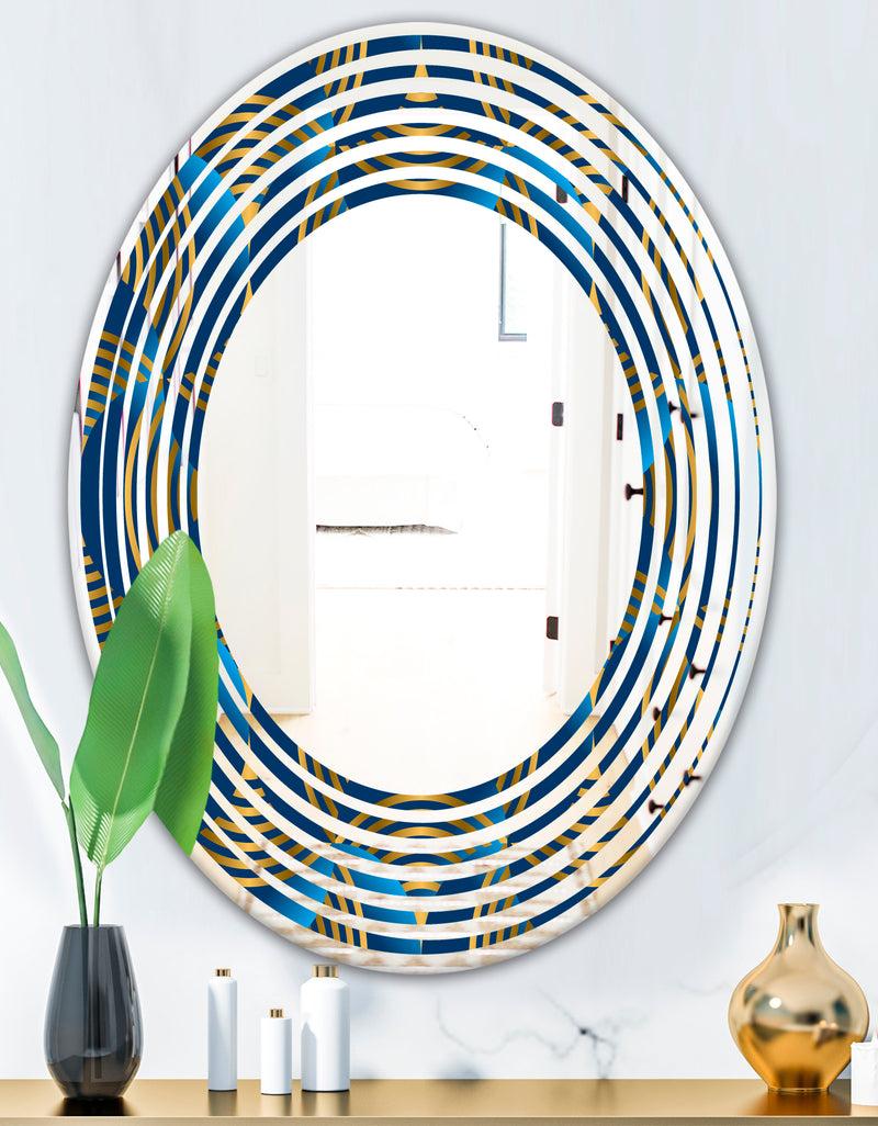 DesignQ Geometric Abstract Waves In Gold And Marine Blue - Modern Round Or Oval Wall Mirror - Wave