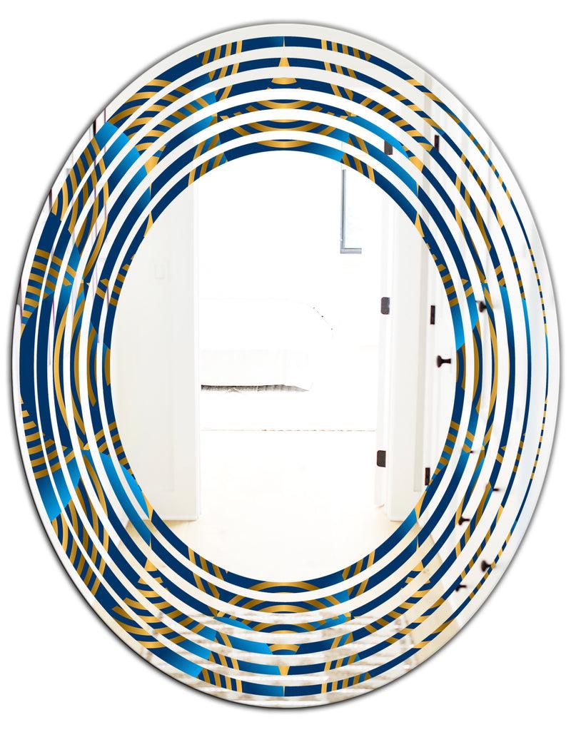 DesignQ Geometric Abstract Waves In Gold And Marine Blue - Modern Round Or Oval Wall Mirror - Wave