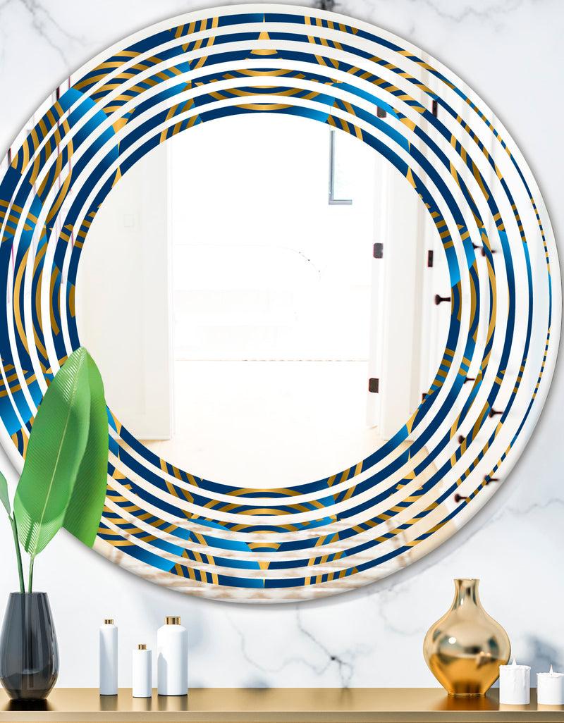 DesignQ Geometric abstract waves in gold and marine blue - Modern Round or Oval Wall Mirror - Wave