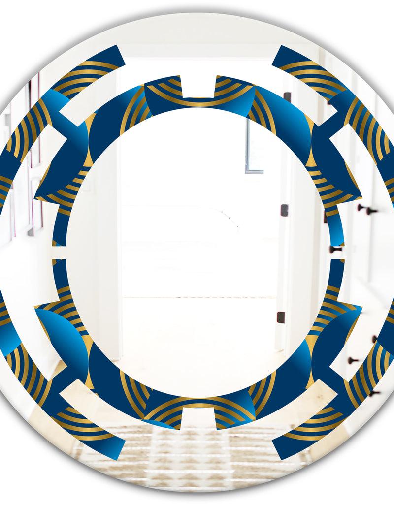 DesignQ Geometric Abstract Waves In Gold And Marine Blue - Modern Round Or Oval Wall Mirror - Space
