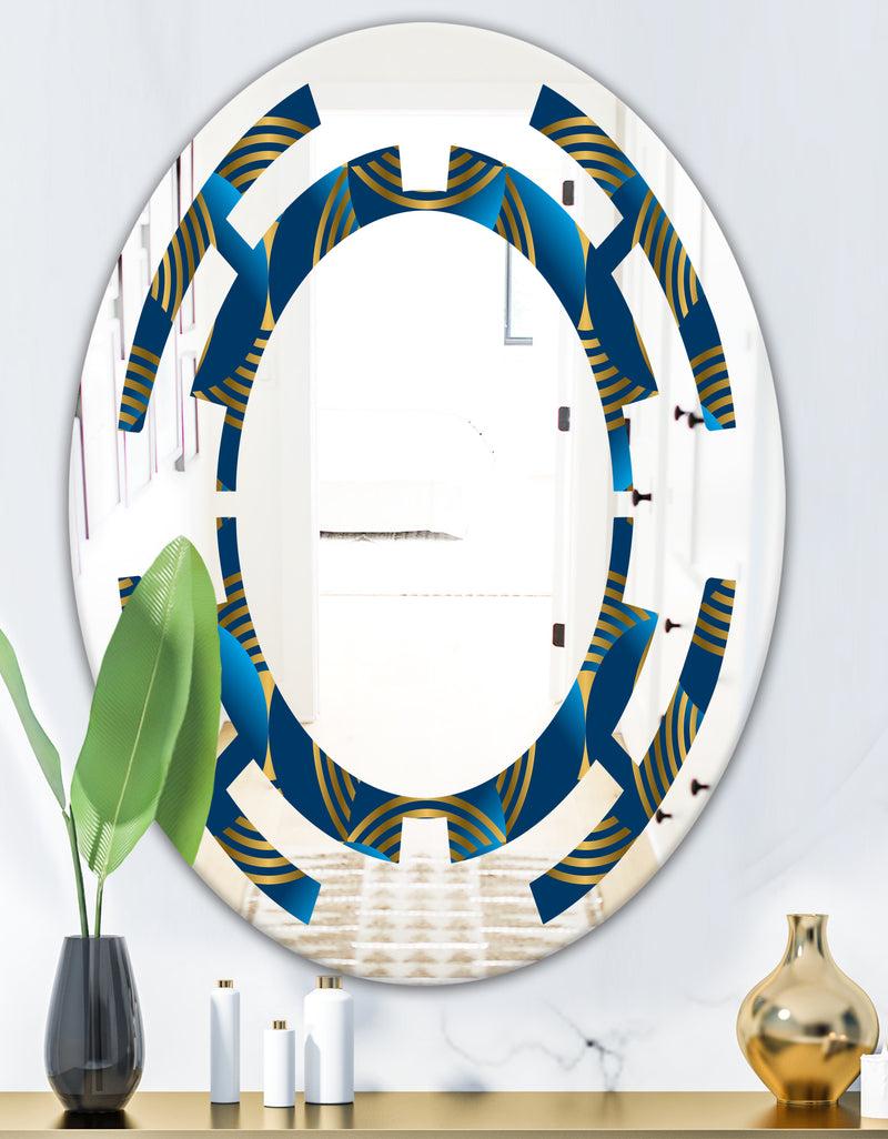 DesignQ Geometric Abstract Waves In Gold And Marine Blue - Modern Round Or Oval Wall Mirror - Space