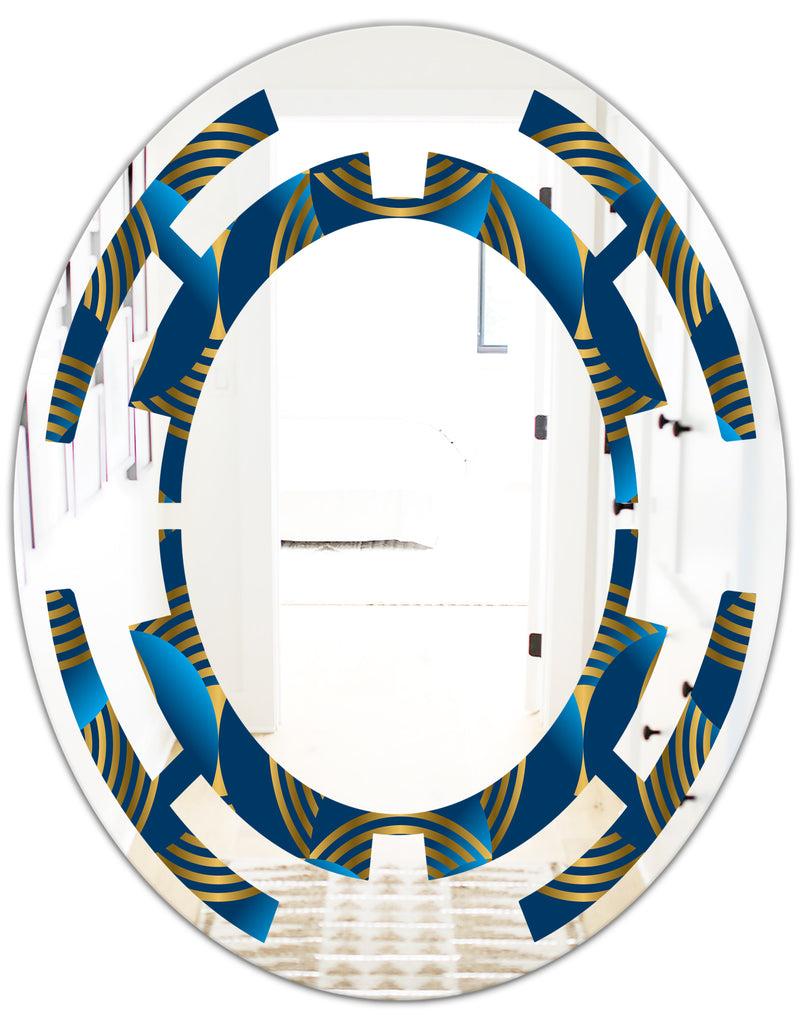 DesignQ Geometric Abstract Waves In Gold And Marine Blue - Modern Round Or Oval Wall Mirror - Space
