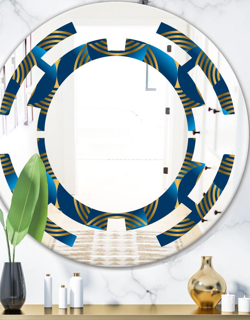 DesignQ Geometric abstract waves in gold and marine blue - Modern Round or Oval Wall Mirror - Space