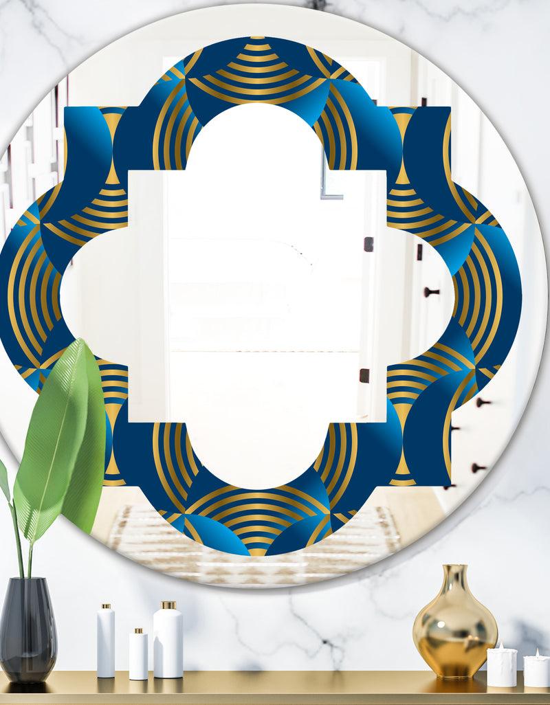 DesignQ Geometric abstract waves in gold and marine blue - Modern Round or Oval Wall Mirror - Quatrefoil