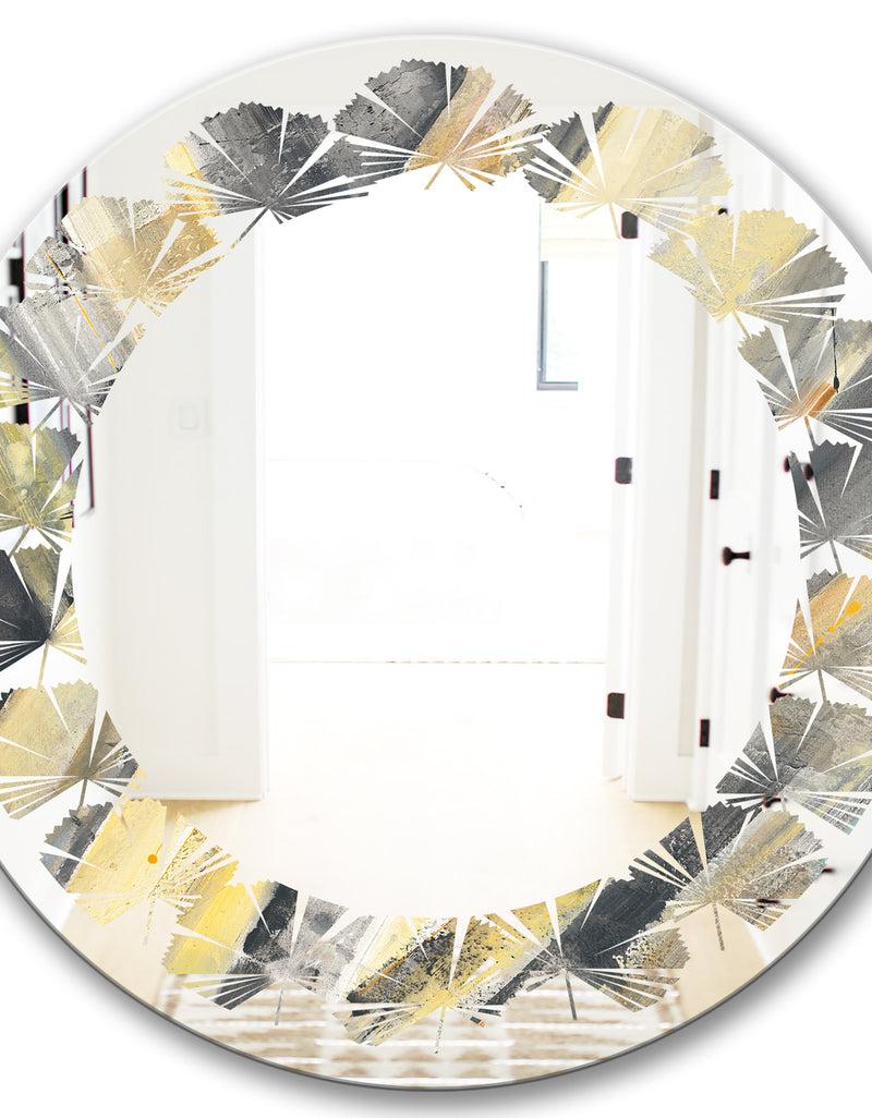 DesignQ Geometric Beige Glacier - Modern Round Or Oval Wall Mirror - Leaves