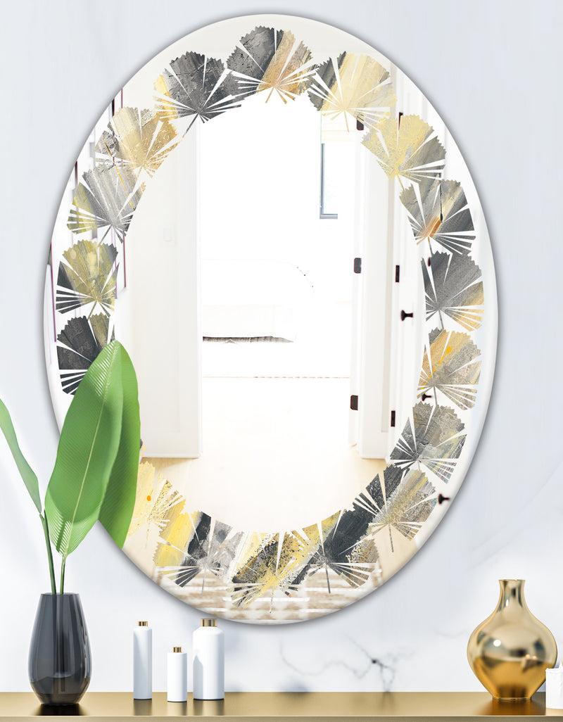 DesignQ Geometric Beige Glacier - Modern Round Or Oval Wall Mirror - Leaves