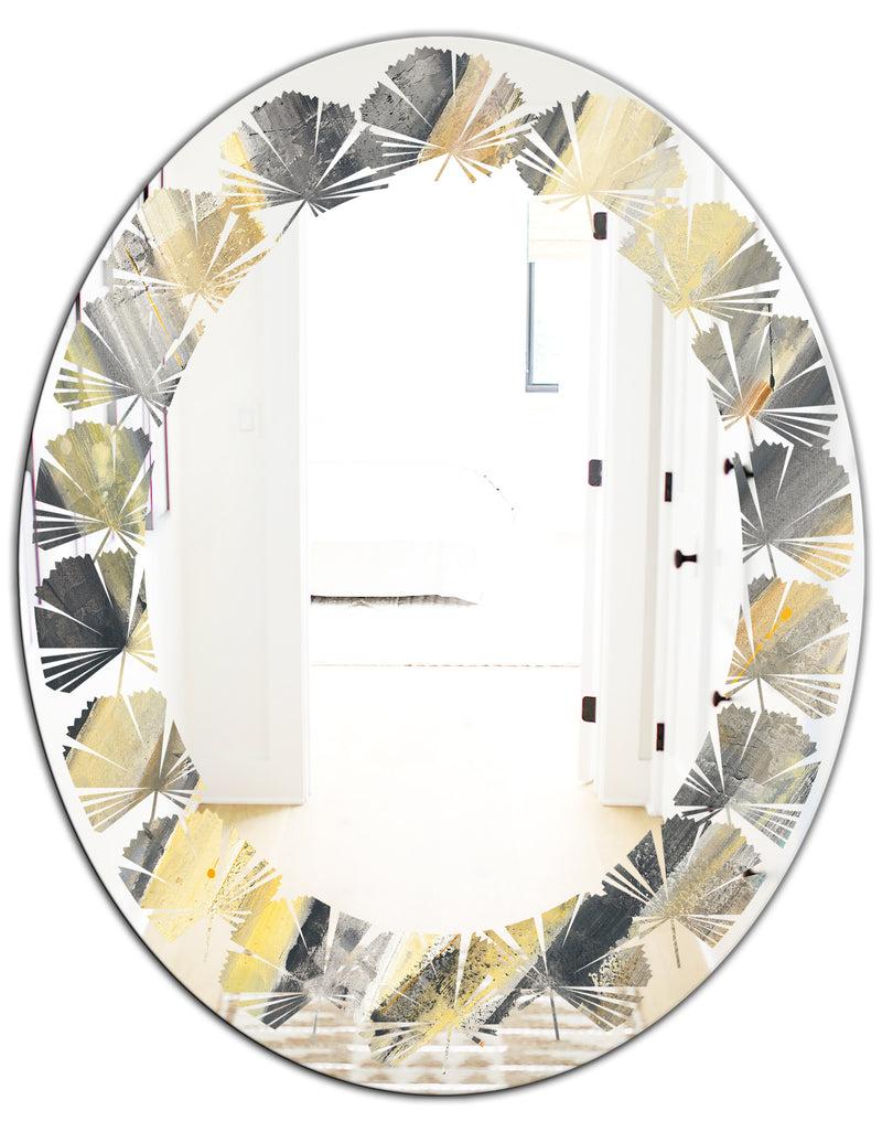 DesignQ Geometric Beige Glacier - Modern Round Or Oval Wall Mirror - Leaves