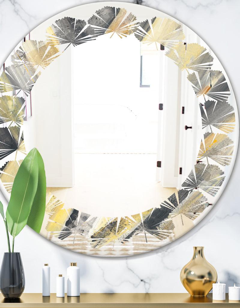 DesignQ Geometric Beige Glacier - Modern Round or Oval Wall Mirror - Leaves