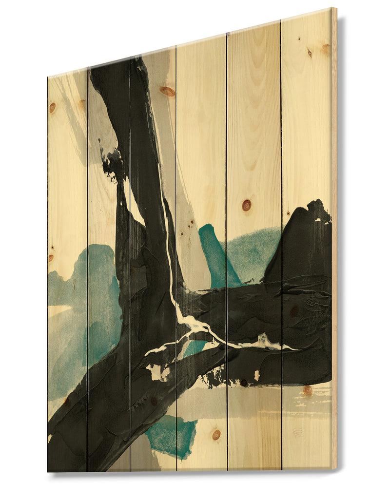 DesignQ Geometric Black And Teal III - Modern & Contemporary Print On Natural Pine Wood