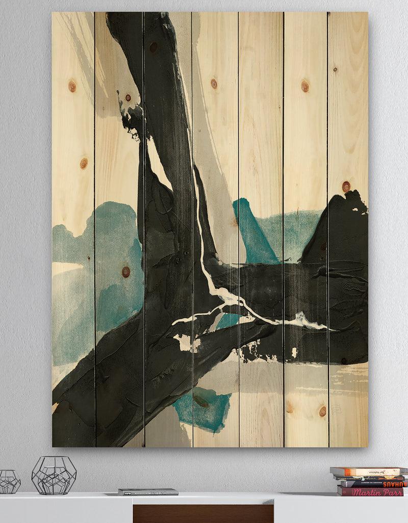 DesignQ Geometric Black and Teal III - Modern & Contemporary Print on Natural Pine Wood