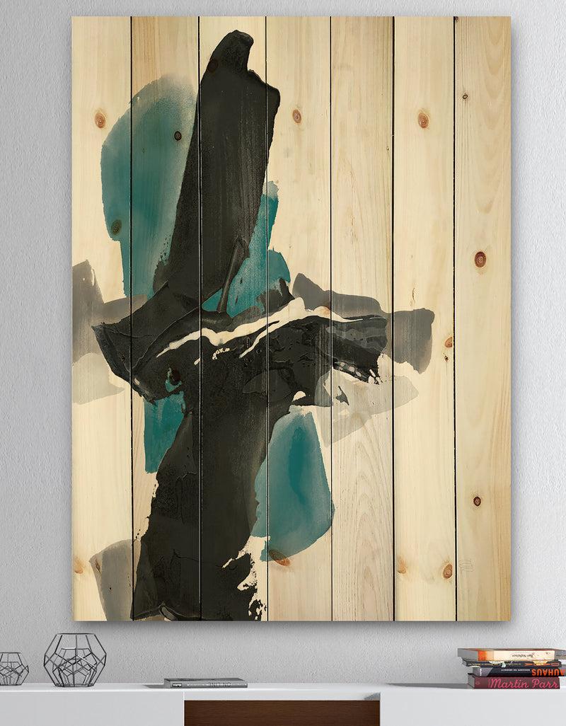 DesignQ Geometric Black and Teal IV - Modern & Contemporary Print on Natural Pine Wood