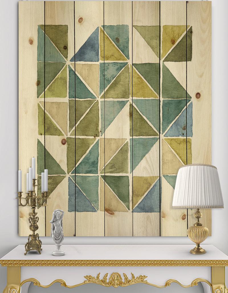 DesignQ geometric Green Triangle I - Modern & Transitional Print on Natural Pine Wood