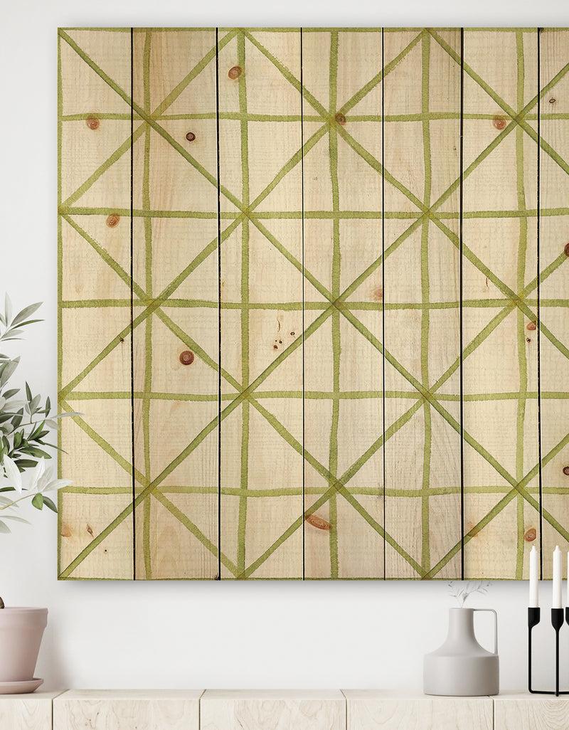 DesignQ geometric Green Triangle II - Mid-Century Modern Transitional Print on Natural Pine Wood