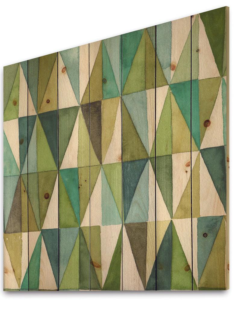 DesignQ Geometric Green Triangle III - Mid-Century Modern Transitional Print On Natural Pine Wood