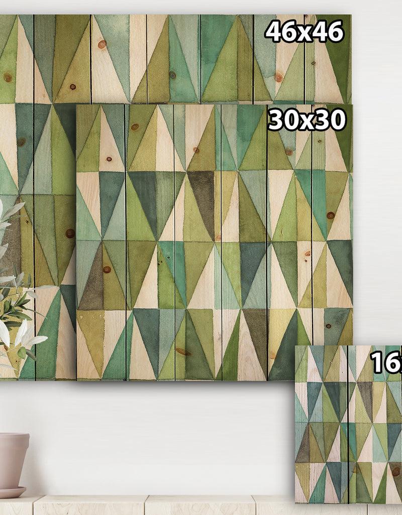 DesignQ Geometric Green Triangle III - Mid-Century Modern Transitional Print On Natural Pine Wood