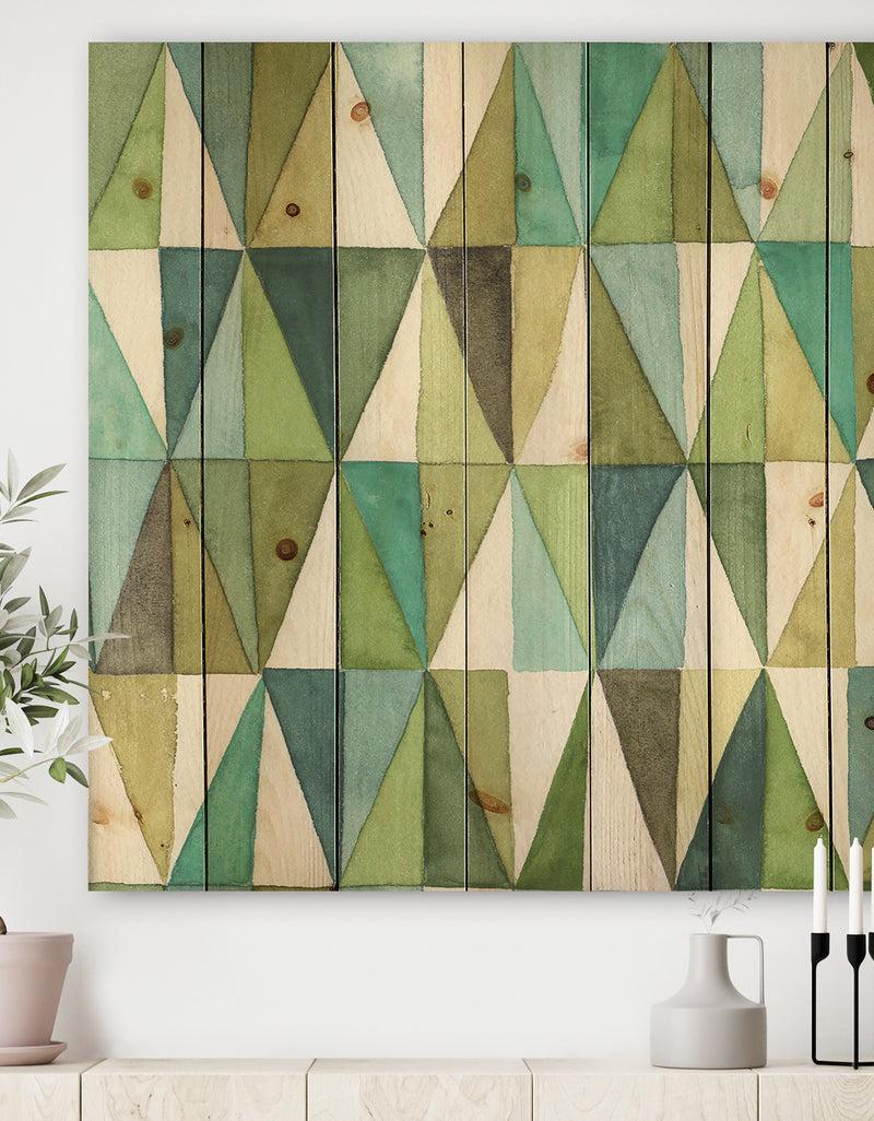 DesignQ geometric Green Triangle III - Mid-Century Modern Transitional Print on Natural Pine Wood