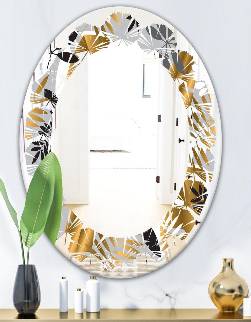 DesignQ Geometric Luxury Jungle Foliage Pattern - Modern Round Or Oval Wall Mirror - Leaves