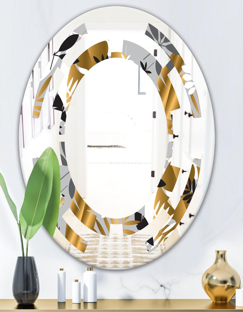 DesignQ Geometric Luxury Jungle Foliage Pattern - Modern Round Or Oval Wall Mirror - Space