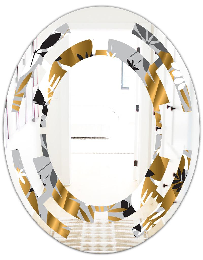 DesignQ Geometric Luxury Jungle Foliage Pattern - Modern Round Or Oval Wall Mirror - Space