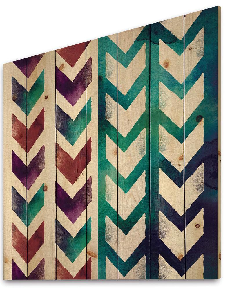 DesignQ Geometric Pattern Of Red And Blue Arrows - Transitional Print On Natural Pine Wood