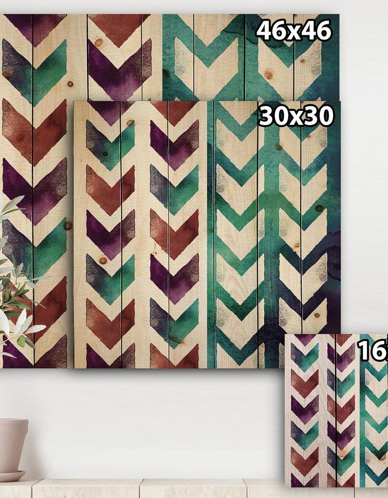 DesignQ Geometric Pattern Of Red And Blue Arrows - Transitional Print On Natural Pine Wood