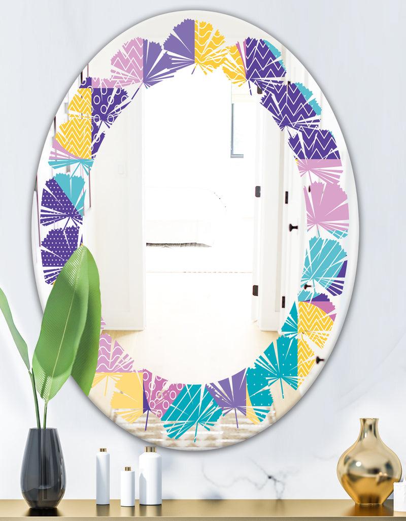 DesignQ Geometrical Pastel Abstract I - Modern Round Or Oval Wall Mirror - Leaves