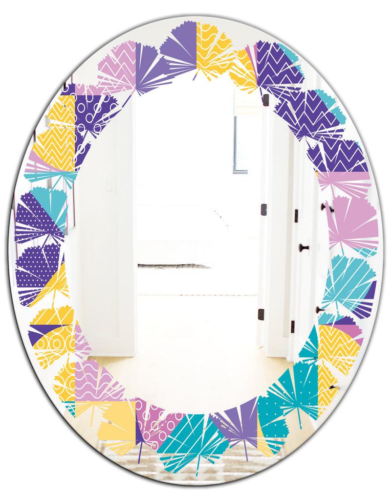 DesignQ Geometrical Pastel Abstract I - Modern Round Or Oval Wall Mirror - Leaves