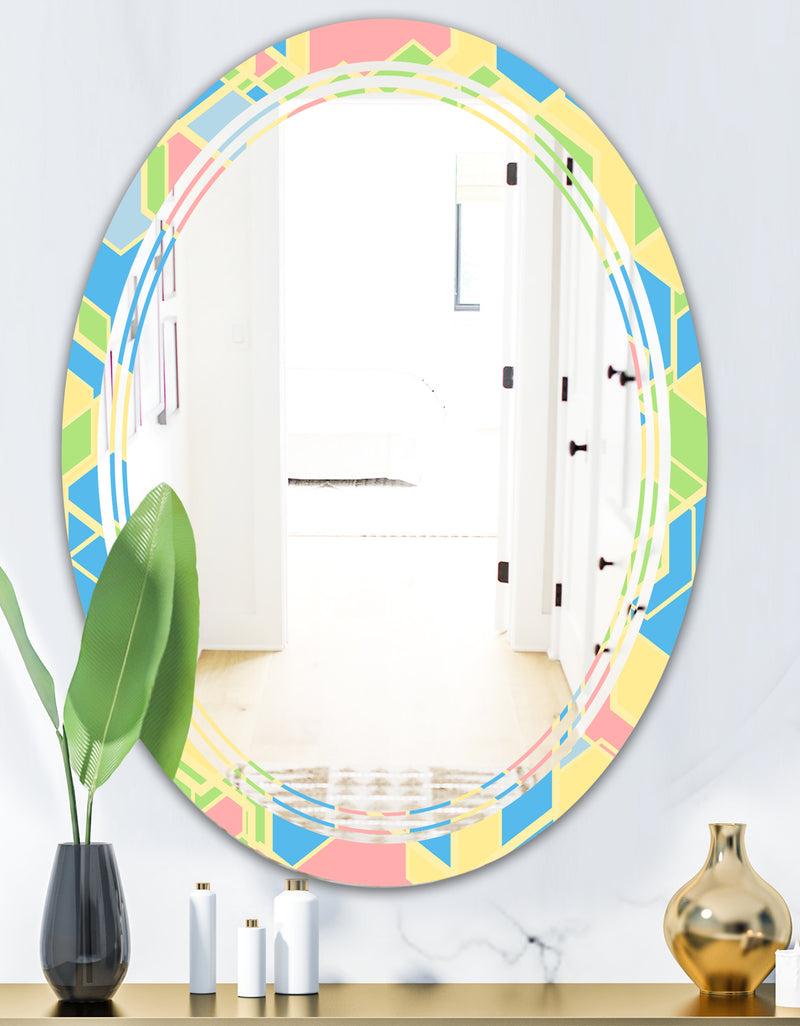 DesignQ Geometrical Pastel Abstract II - Modern Round Or Oval Wall Mirror - Triple C