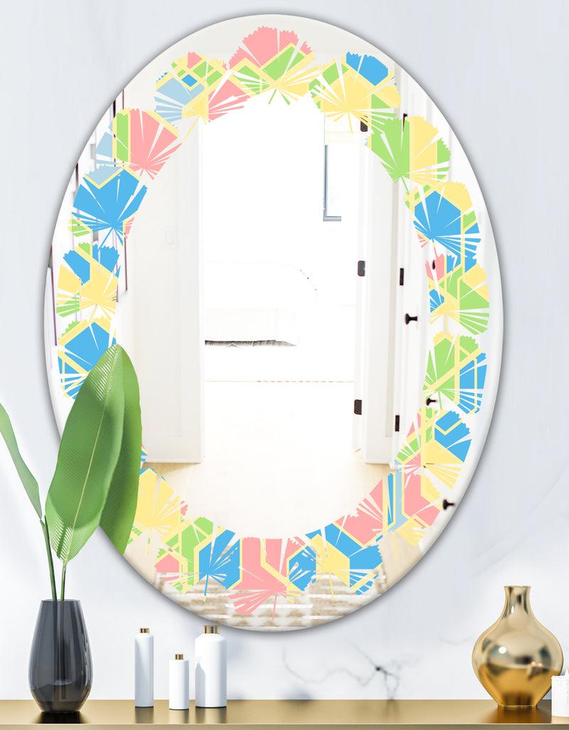 DesignQ Geometrical Pastel Abstract II - Modern Round Or Oval Wall Mirror - Leaves