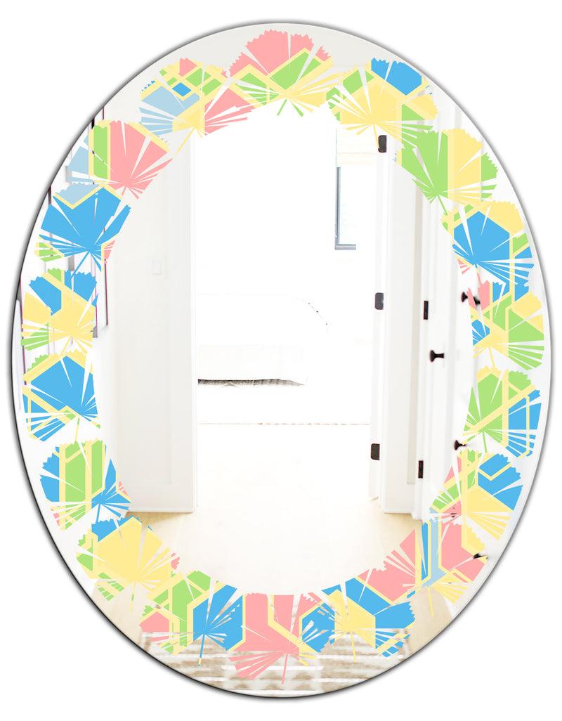 DesignQ Geometrical Pastel Abstract II - Modern Round Or Oval Wall Mirror - Leaves