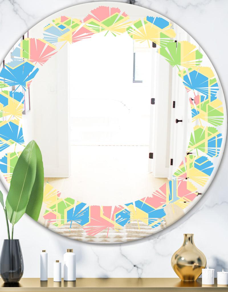 DesignQ Geometrical Pastel Abstract II - Modern Round or Oval Wall Mirror - Leaves