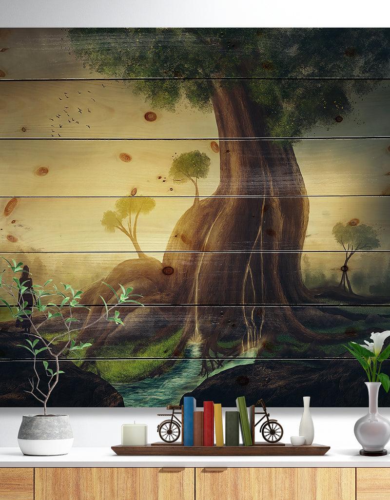 DesignQ Giant Tree with Woman - Abstract Print on Natural Pine Wood