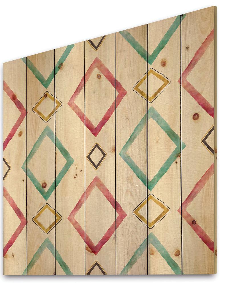 DesignQ Gilded Red And Blue Diamonds - Transitional Print On Natural Pine Wood