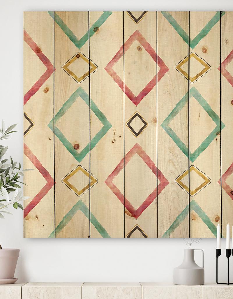 DesignQ Gilded Red and Blue Diamonds - Transitional Print on Natural Pine Wood