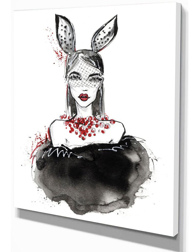 DesignQ Girl In Bunny Costume - Glamour Painting Print On Wrapped Canvas