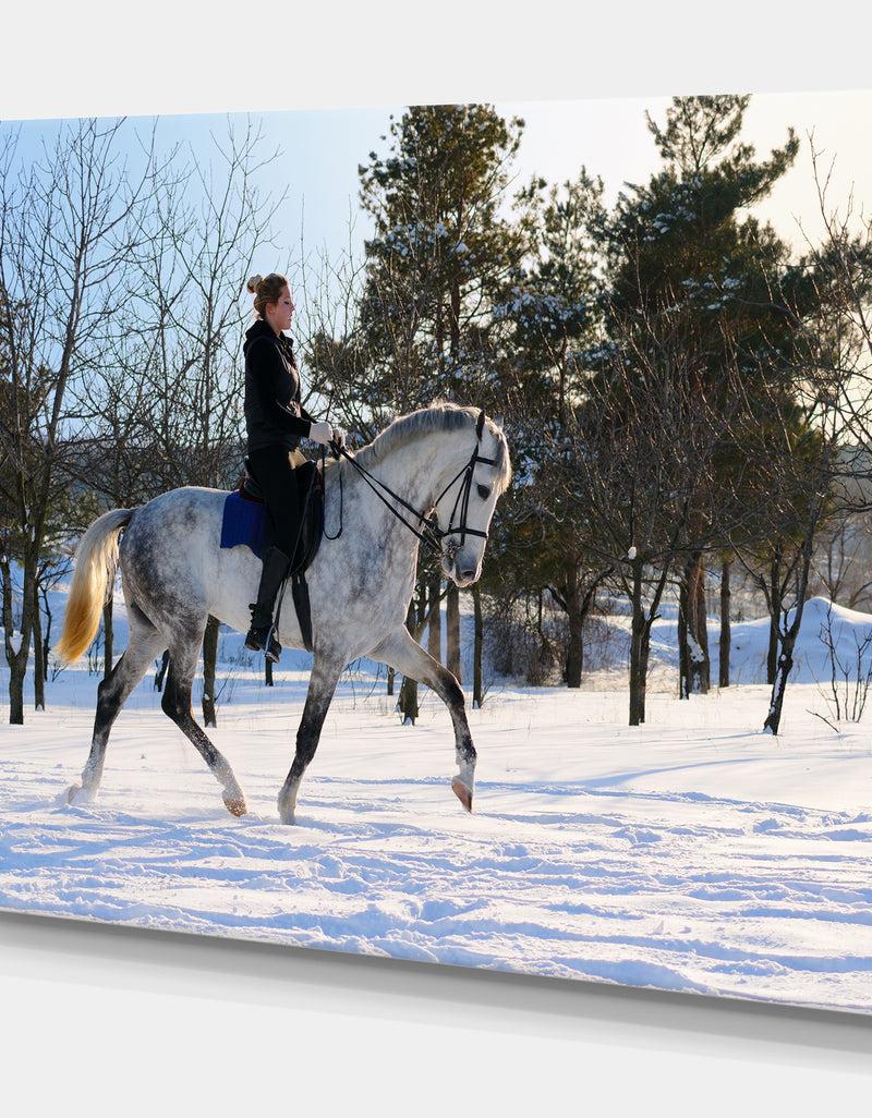 DesignQ Girl On White Dressage Horse In Winter F - Farmhouse Animals Photographic On Wrapped Canvas