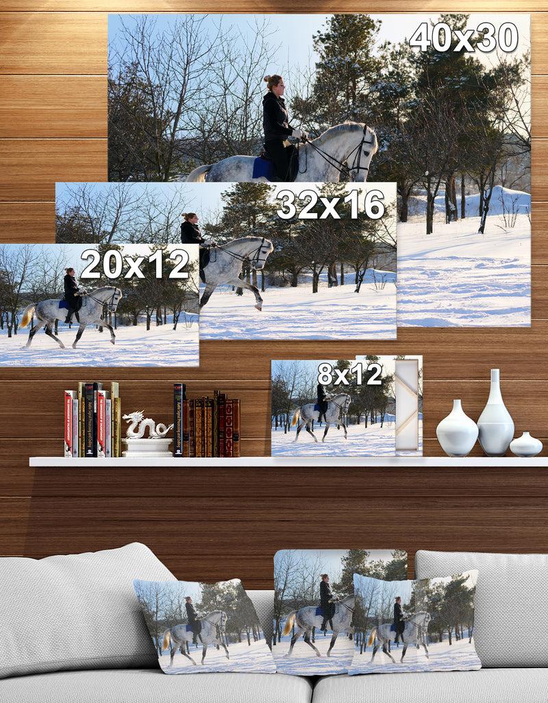 DesignQ Girl On White Dressage Horse In Winter F - Farmhouse Animals Photographic On Wrapped Canvas