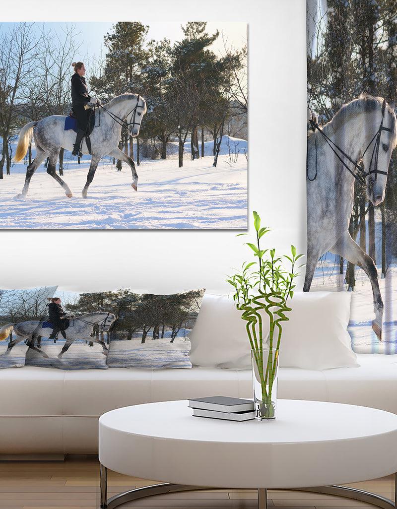 DesignQ Girl on white dressage horse in winter f - Farmhouse Animals Photographic on wrapped Canvas