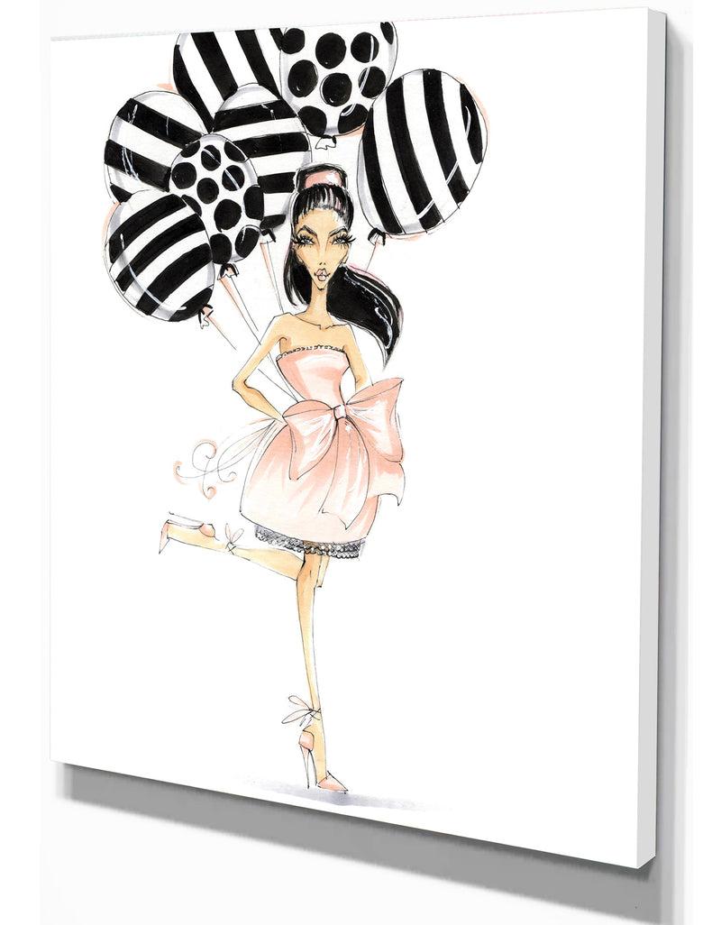 DesignQ Girl With Baloons - Glamour Painting Print On Wrapped Canvas