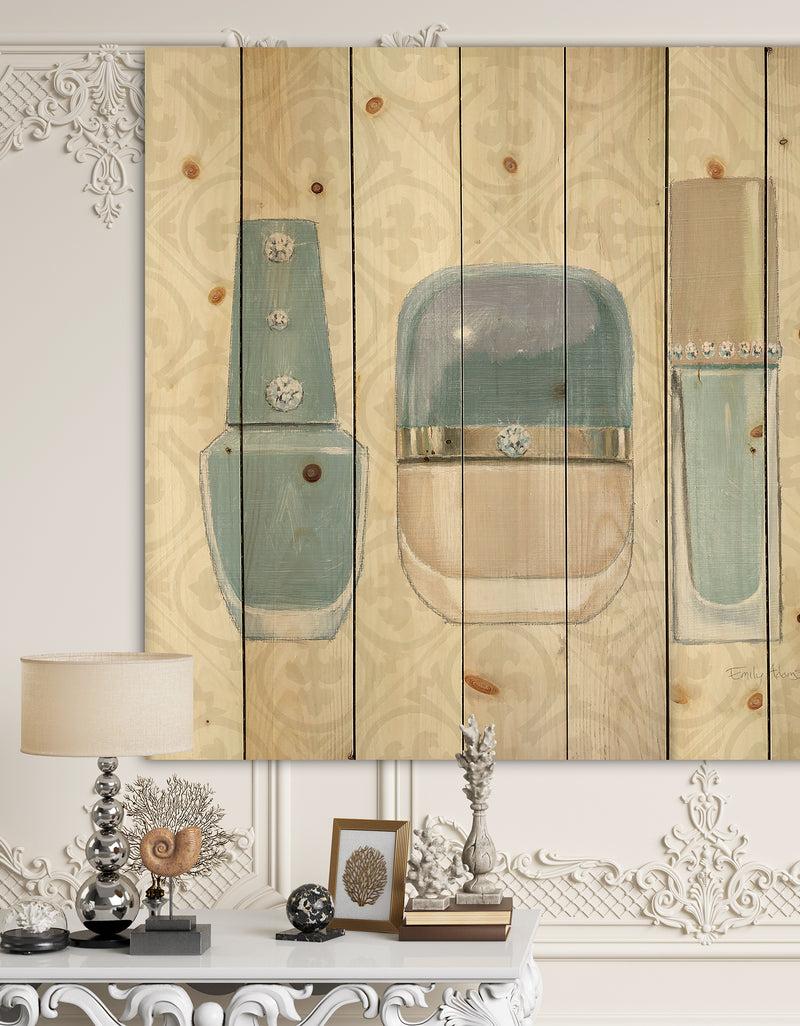 DesignQ Glam cosmetics Blue accessories - Fashion Print on Natural Pine Wood